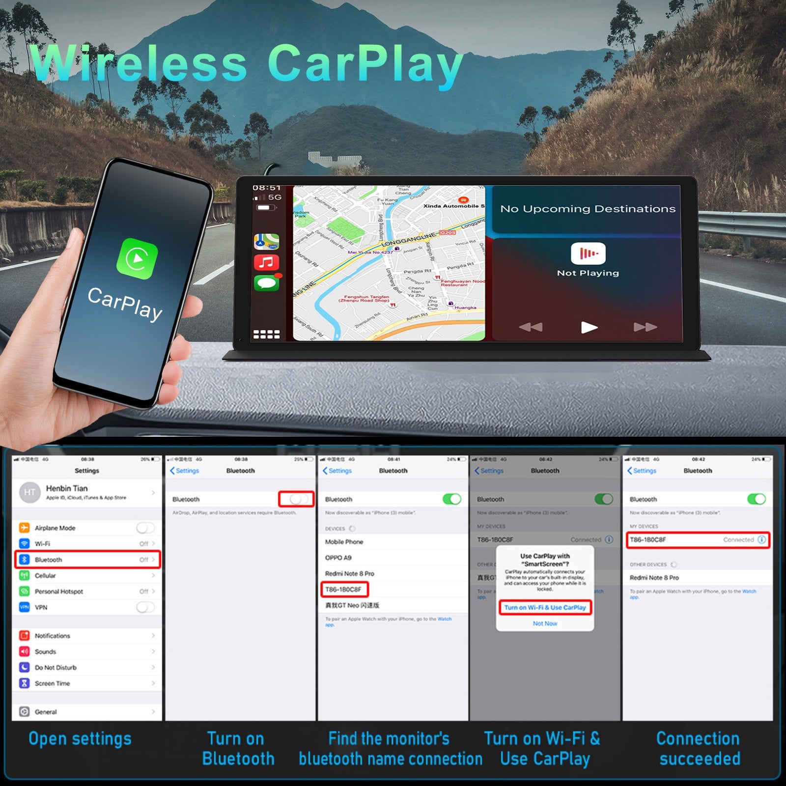 10.26-Inch Central Console Screen | CarPlay, Android Auto, 4K Dash Cam & 1080P Backup Camera