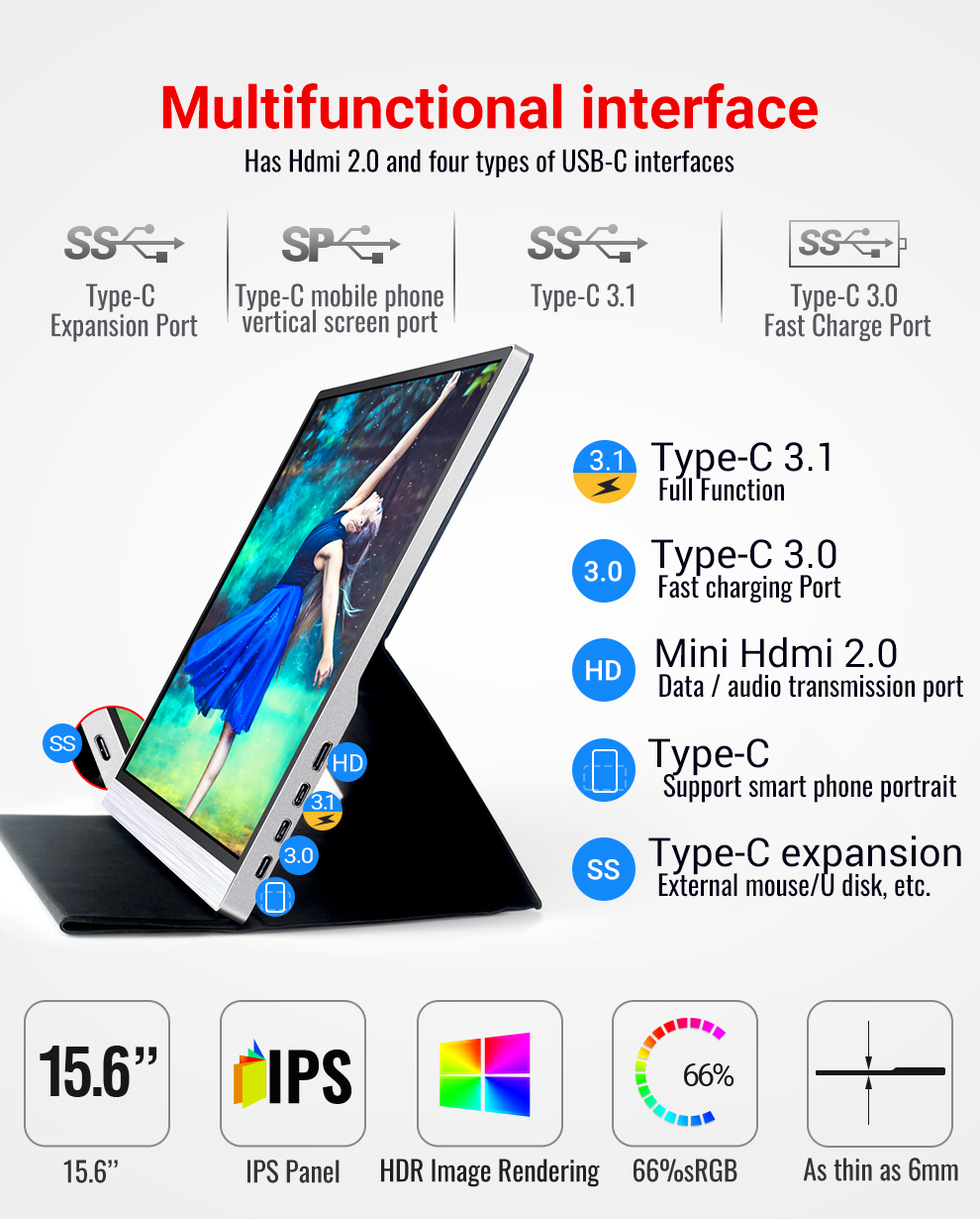 1080P high-definition portable monitor 15.6-inch Apple Android mobile phone directly connected to vertical screen display notebook game console external display screen portable monitor manufacturer